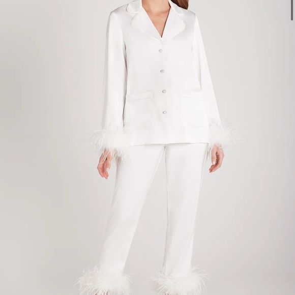 NADINE MERABI Other - Nadine Merabi NWT Darcie Luxe White Feather Trim Silk Pajamas Bridal Bach